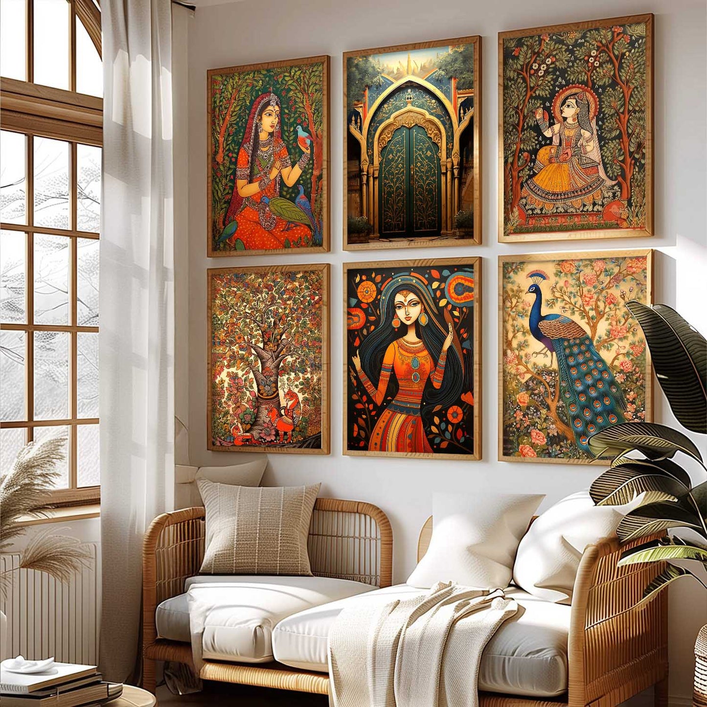 Traditional Indian Inspired Madhubani Art Prints with Frame for Living Room Bedroom Home and Office Wall Decor Set of 6