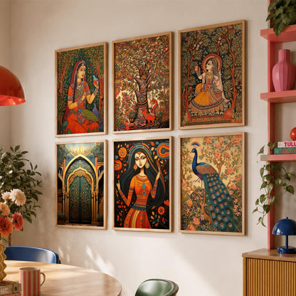 Traditional Indian Inspired Madhubani Art Prints with Frame for Living Room Bedroom Home and Office Wall Decor Set of 6