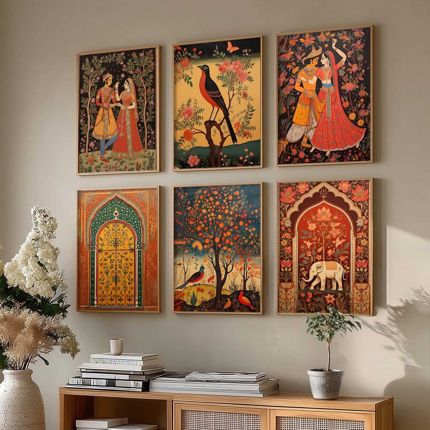 Traditional Indian Pichwai Art Framed Prints for Elegant Home Decor Set of 6