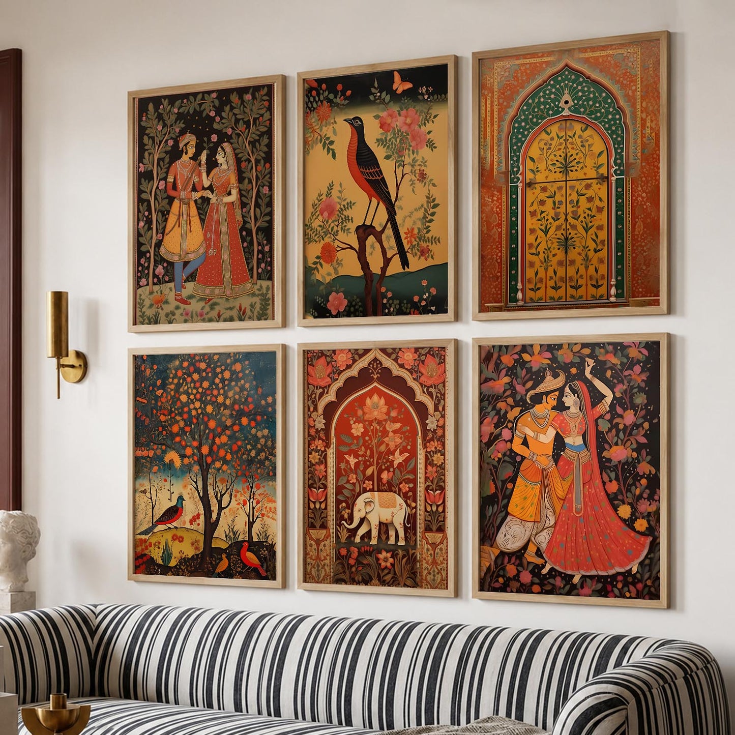 Traditional Indian Pichwai Art Framed Prints for Elegant Home Decor Set of 6
