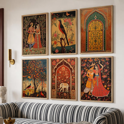 Traditional Indian Pichwai Art Framed Prints for Elegant Home Decor Set of 6