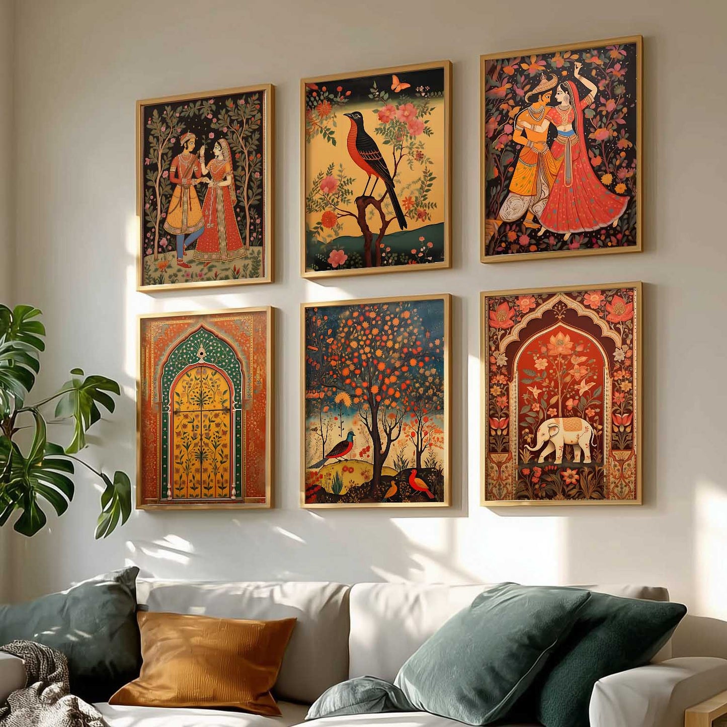 Traditional Indian Pichwai Art Framed Prints for Elegant Home Decor Set of 6