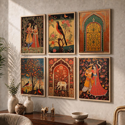 Traditional Indian Pichwai Art Framed Prints for Elegant Home Decor Set of 6