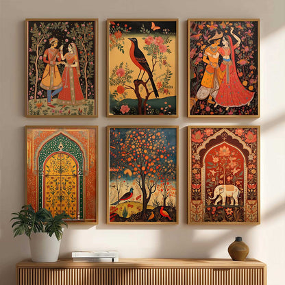 Traditional Indian Pichwai Art Framed Prints for Elegant Home Decor Set of 6