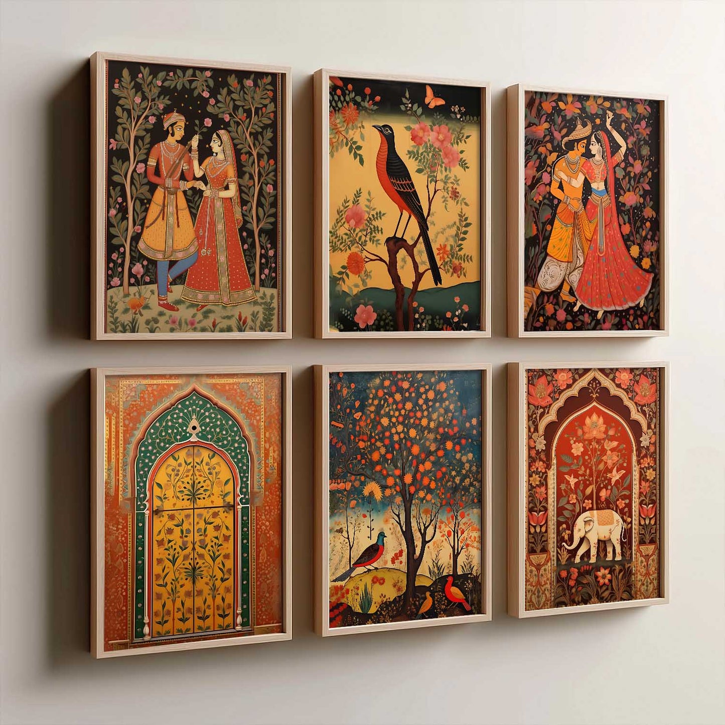 Traditional Indian Pichwai Art Framed Prints for Elegant Home Decor Set of 6