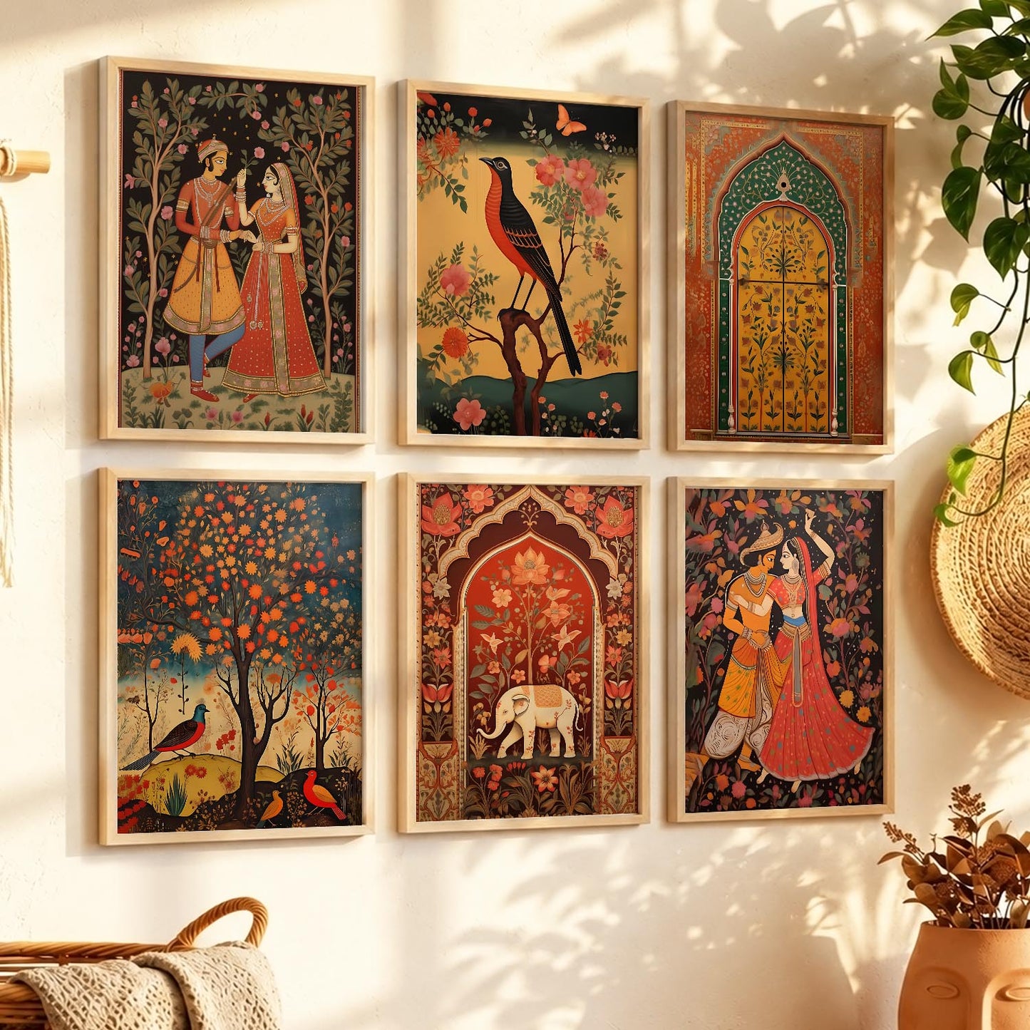 Traditional Indian Pichwai Art Framed Prints for Elegant Home Decor Set of 6
