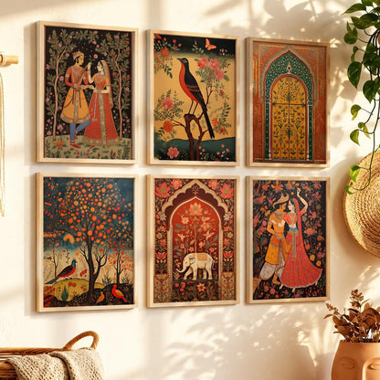 Traditional Indian Pichwai Art Framed Prints for Elegant Home Decor Set of 6