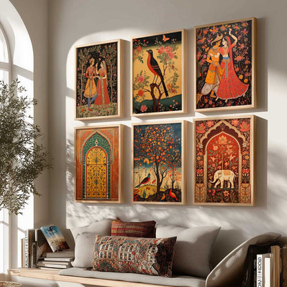 Traditional Indian Pichwai Art Framed Prints for Elegant Home Decor Set of 6