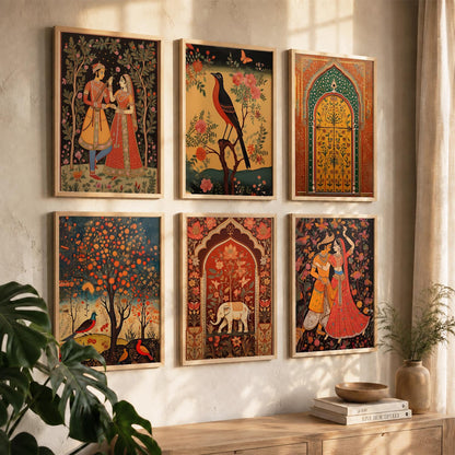 Traditional Indian Pichwai Art Framed Prints for Elegant Home Decor Set of 6
