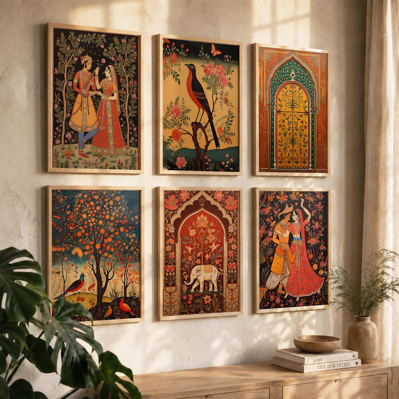Traditional Indian Pichwai Art Framed Prints for Elegant Home Decor Set of 6