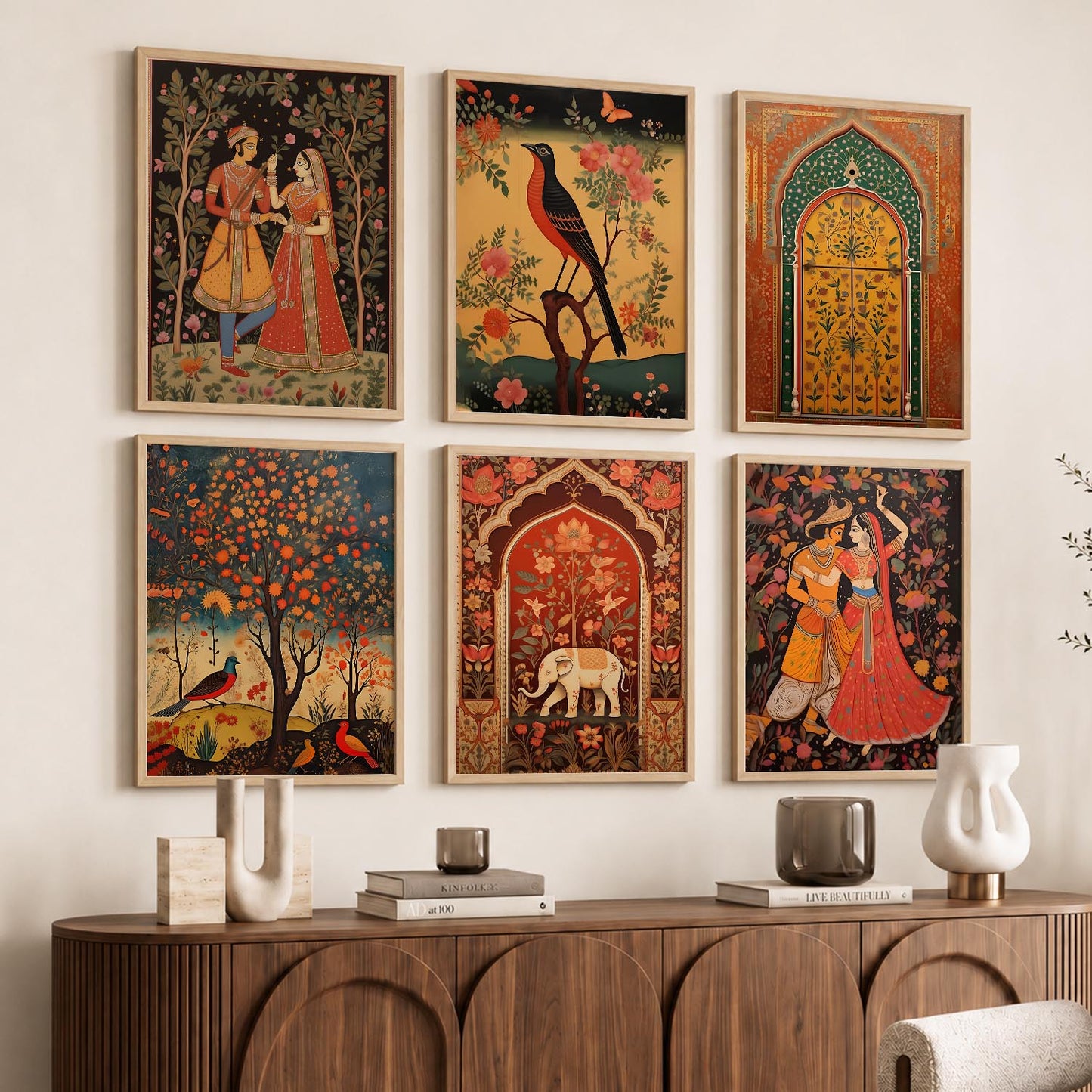 Traditional Indian Pichwai Art Framed Prints for Elegant Home Decor Set of 6