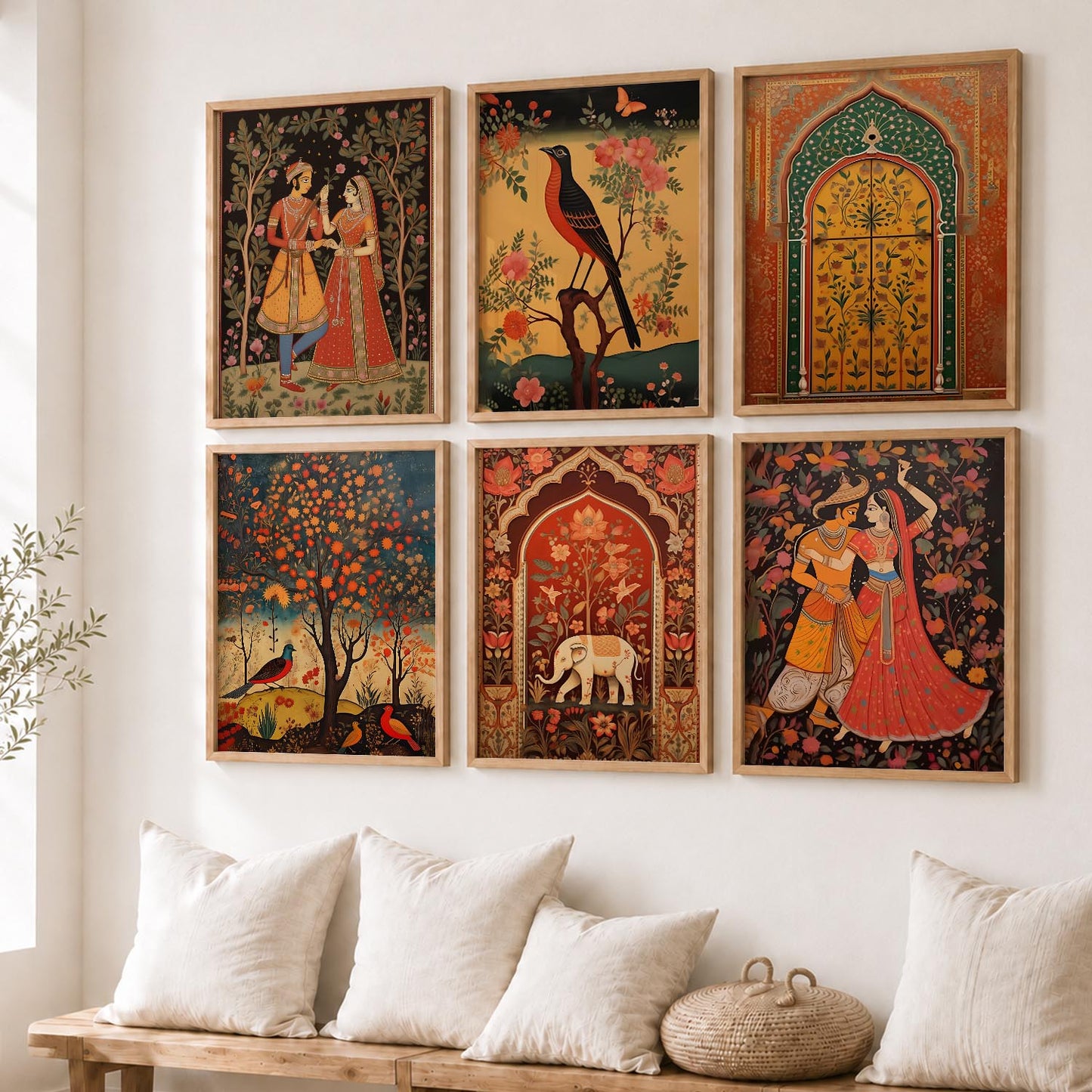 Traditional Indian Pichwai Art Framed Prints for Elegant Home Decor Set of 6