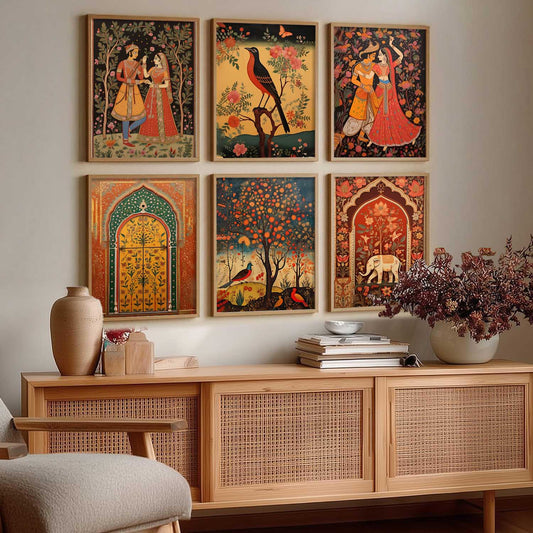 Traditional Indian Pichwai Art Framed Prints for Elegant Home Decor Set of 6