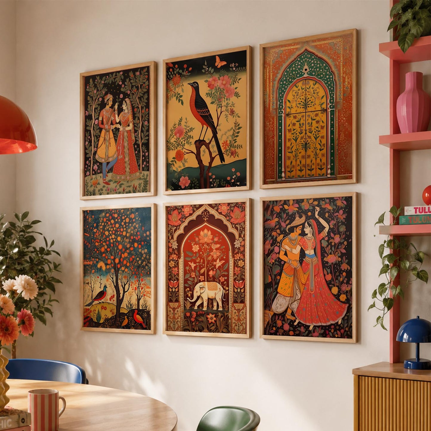 Traditional Indian Pichwai Art Framed Prints for Elegant Home Decor Set of 6