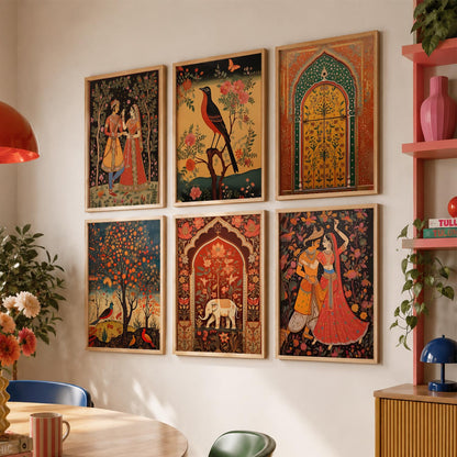 Traditional Indian Pichwai Art Framed Prints for Elegant Home Decor Set of 6