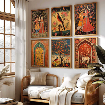 Traditional Indian Pichwai Art Framed Prints for Elegant Home Decor Set of 6