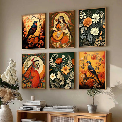 Traditional Indian Inspired Madhubani Art Prints with Frame for Living Room Bedroom Home and Office Wall Decor Set of 6