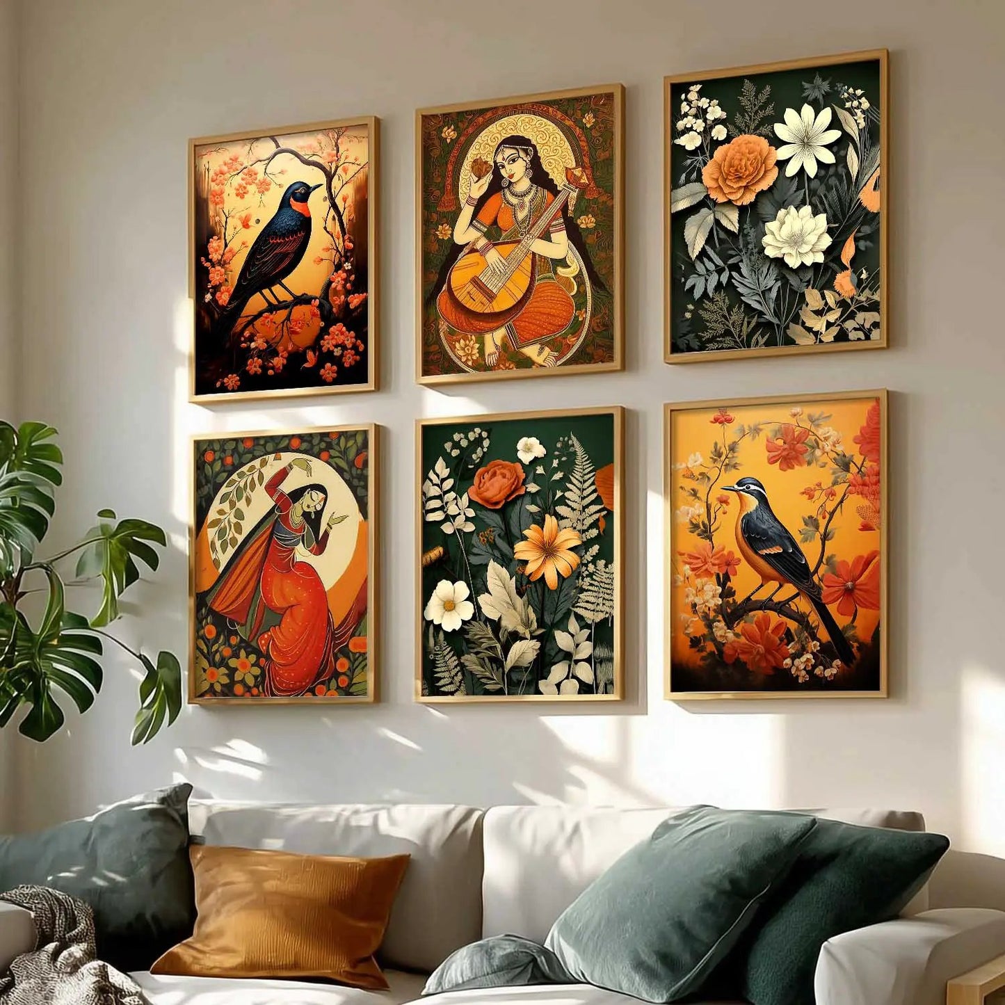 Traditional Indian Inspired Madhubani Art Prints with Frame for Living Room Bedroom Home and Office Wall Decor Set of 6