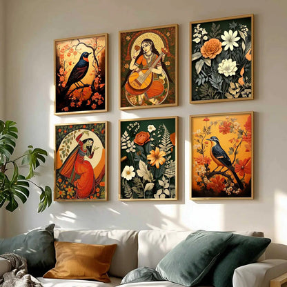 Traditional Indian Inspired Madhubani Art Prints with Frame for Living Room Bedroom Home and Office Wall Decor Set of 6
