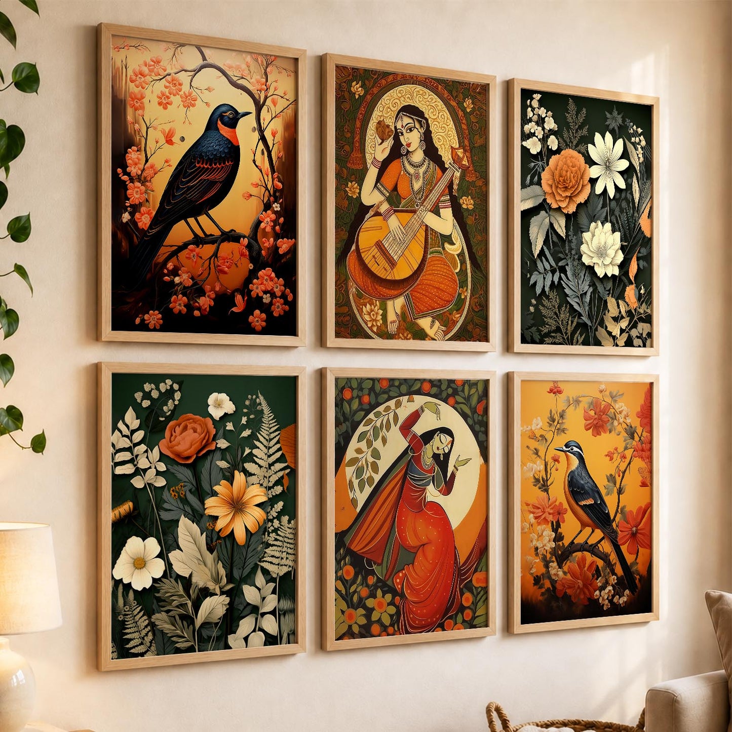 Traditional Indian Inspired Madhubani Art Prints with Frame for Living Room Bedroom Home and Office Wall Decor Set of 6