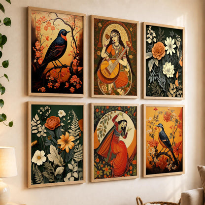 Traditional Indian Inspired Madhubani Art Prints with Frame for Living Room Bedroom Home and Office Wall Decor Set of 6