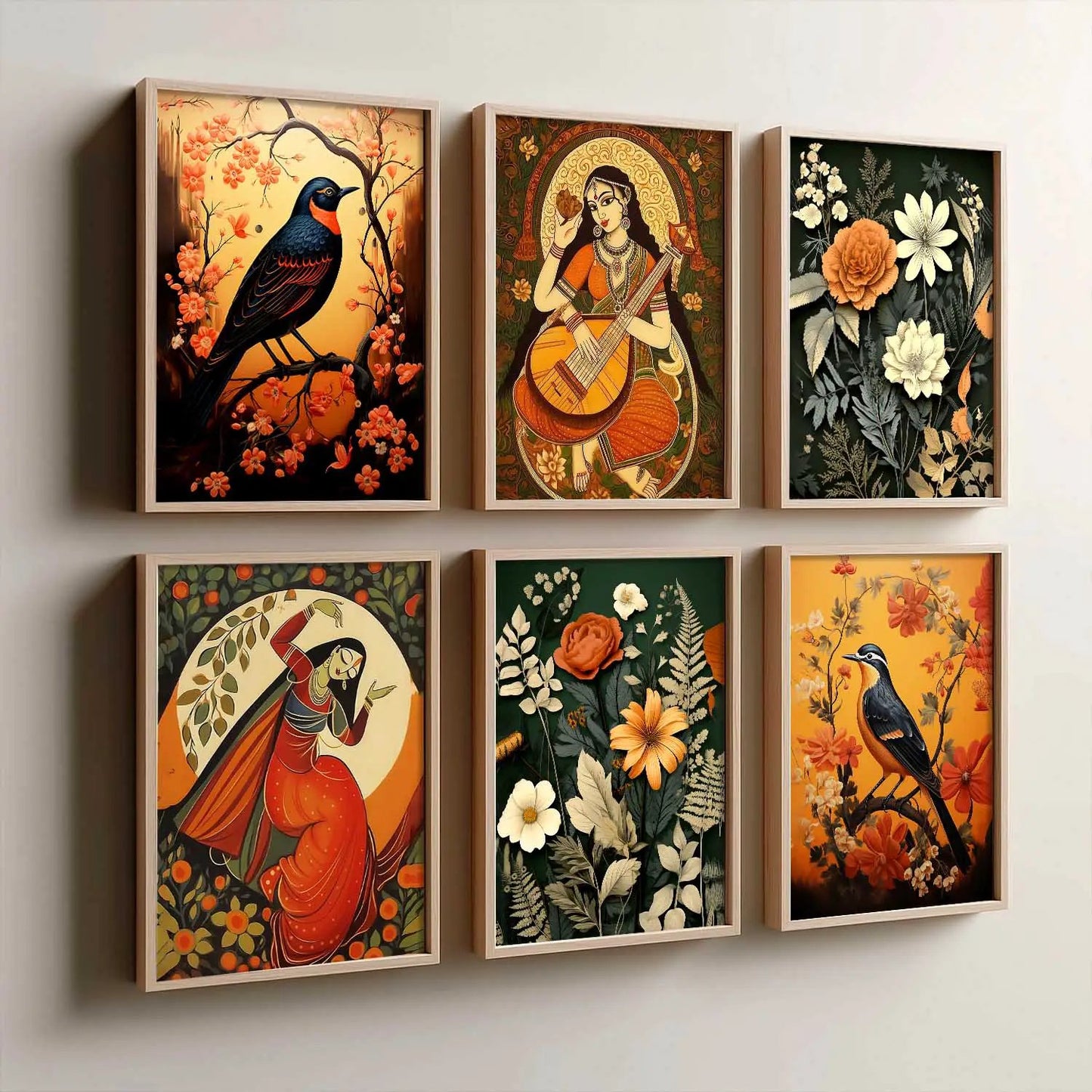 Traditional Indian Inspired Madhubani Art Prints with Frame for Living Room Bedroom Home and Office Wall Decor Set of 6