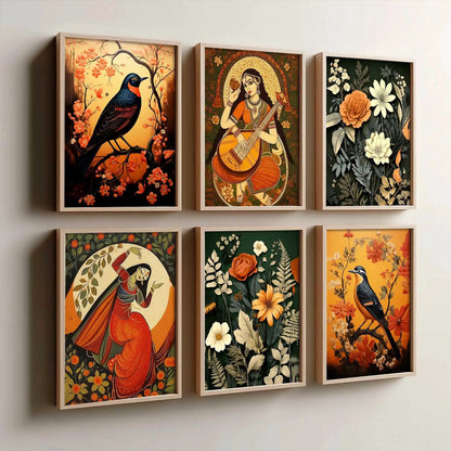 Traditional Indian Inspired Madhubani Art Prints with Frame for Living Room Bedroom Home and Office Wall Decor Set of 6
