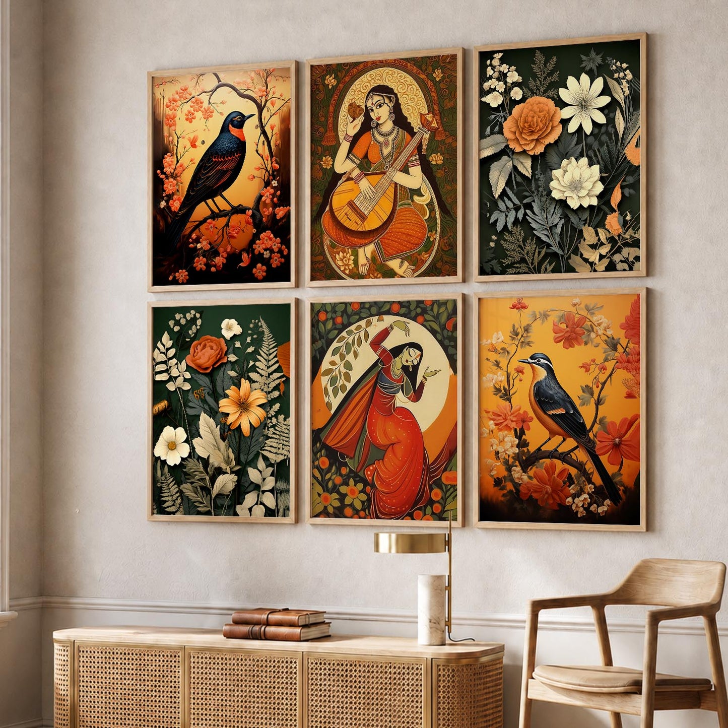 Traditional Indian Inspired Madhubani Art Prints with Frame for Living Room Bedroom Home and Office Wall Decor Set of 6