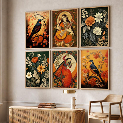 Traditional Indian Inspired Madhubani Art Prints with Frame for Living Room Bedroom Home and Office Wall Decor Set of 6