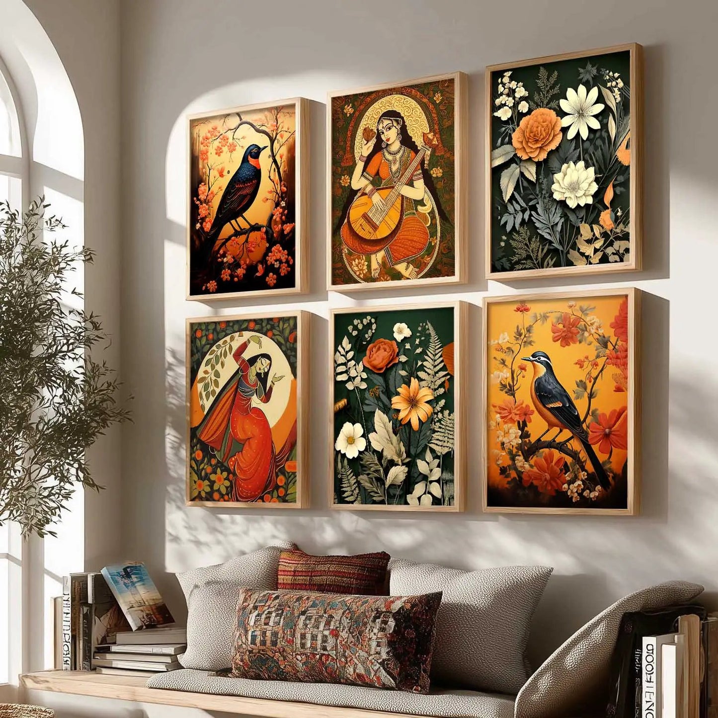 Traditional Indian Inspired Madhubani Art Prints with Frame for Living Room Bedroom Home and Office Wall Decor Set of 6