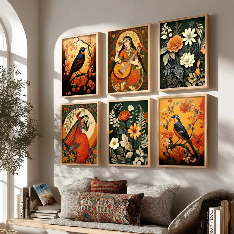 Traditional Indian Inspired Madhubani Art Prints with Frame for Living Room Bedroom Home and Office Wall Decor Set of 6