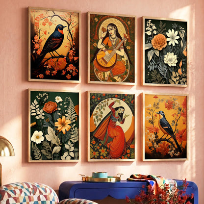 Traditional Indian Inspired Madhubani Art Prints with Frame for Living Room Bedroom Home and Office Wall Decor Set of 6