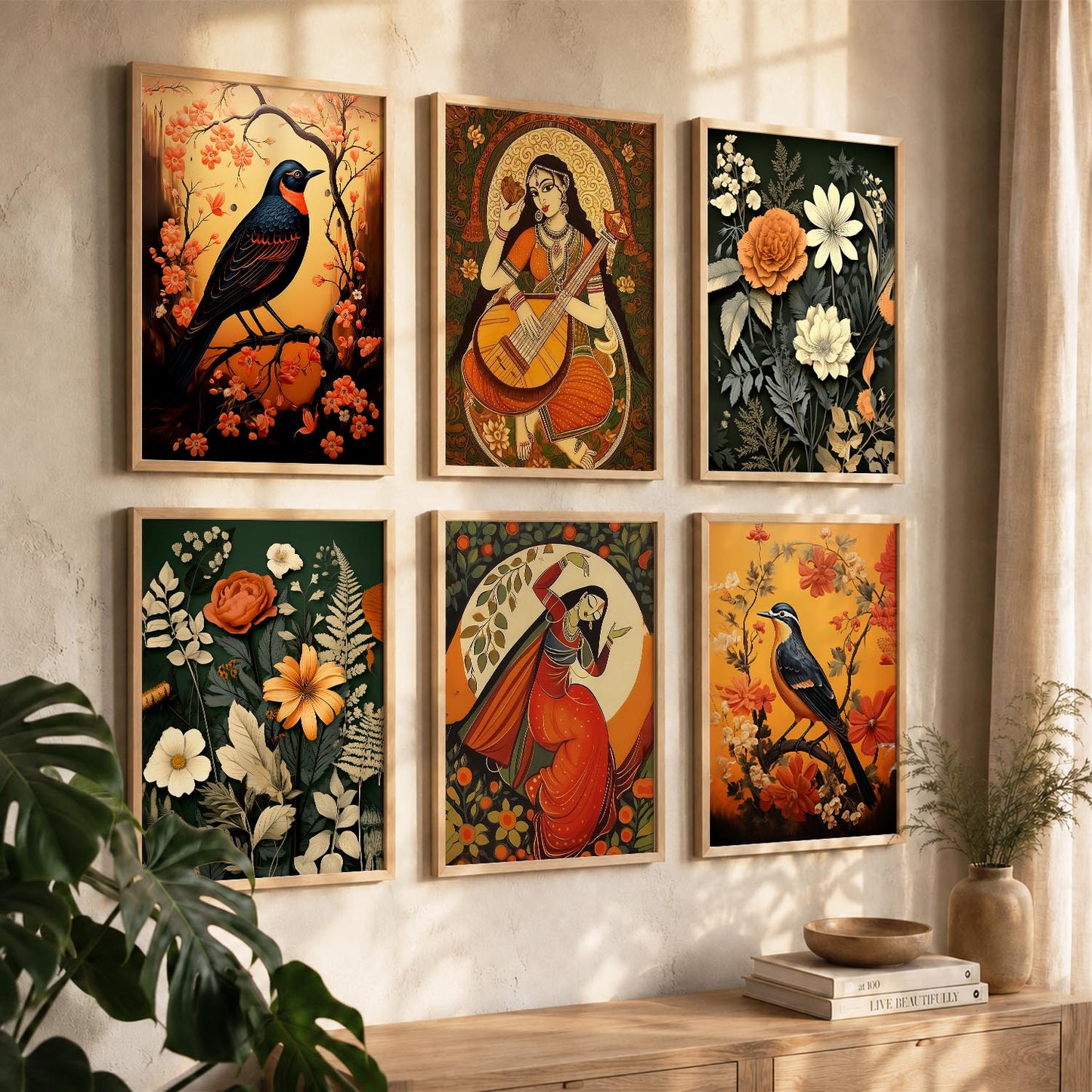 Traditional Indian Inspired Madhubani Art Prints with Frame for Living Room Bedroom Home and Office Wall Decor Set of 6