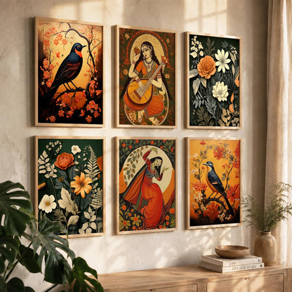 Traditional Indian Inspired Madhubani Art Prints with Frame for Living Room Bedroom Home and Office Wall Decor Set of 6