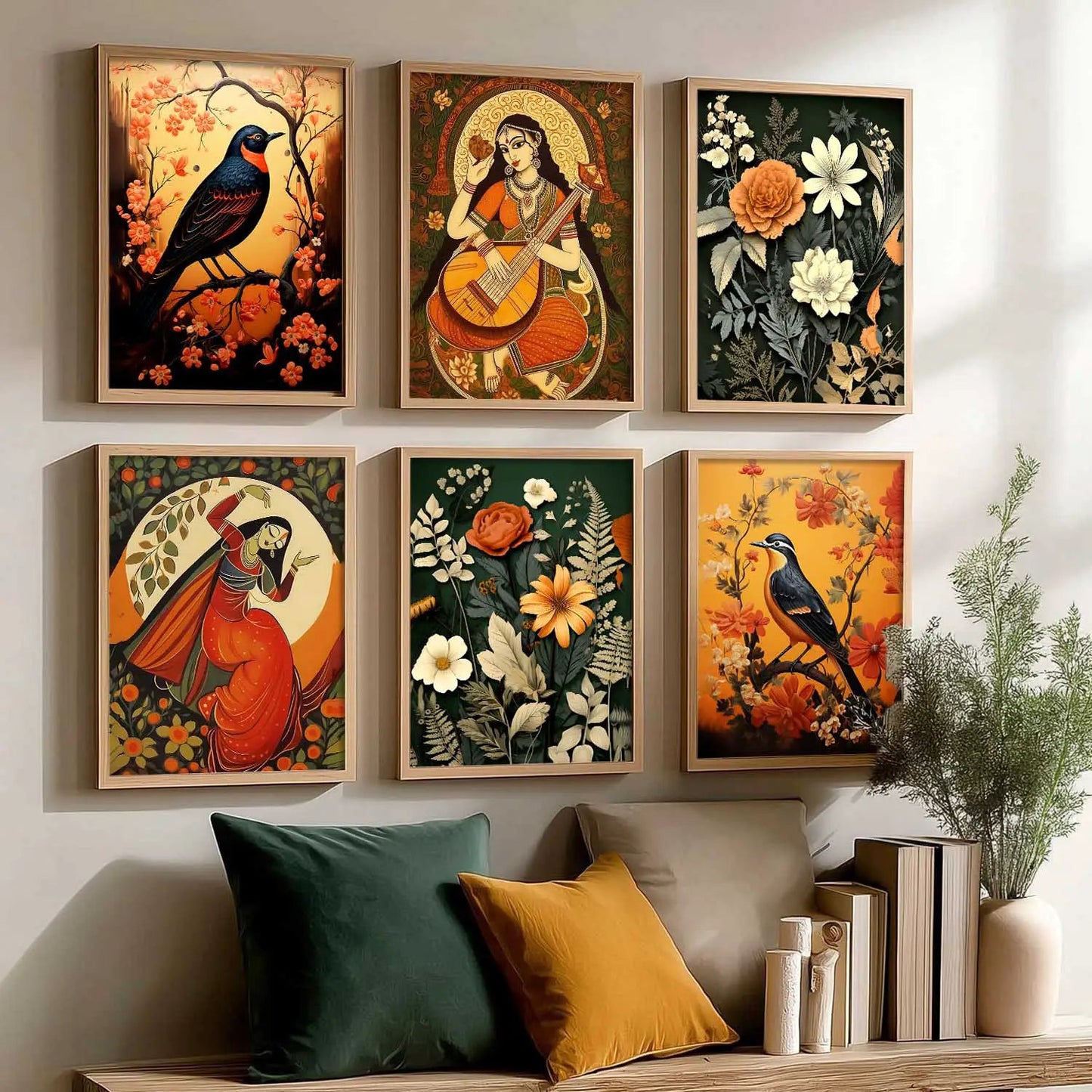 Traditional Indian Inspired Madhubani Art Prints with Frame for Living Room Bedroom Home and Office Wall Decor Set of 6