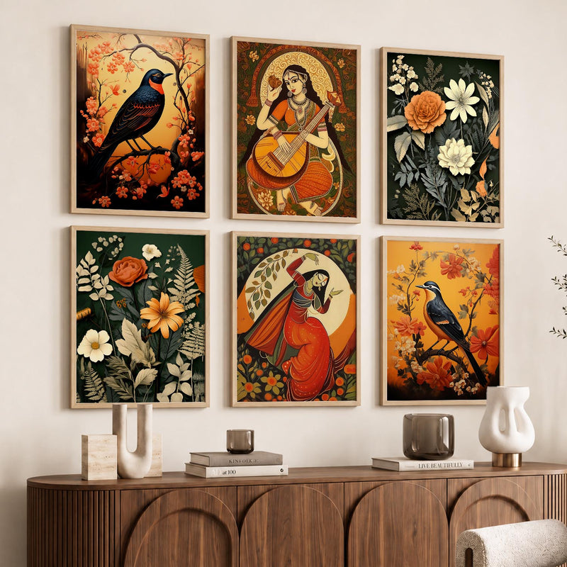 Traditional Indian Inspired Madhubani Art Prints with Frame for Living Room Bedroom Home and Office Wall Decor Set of 6