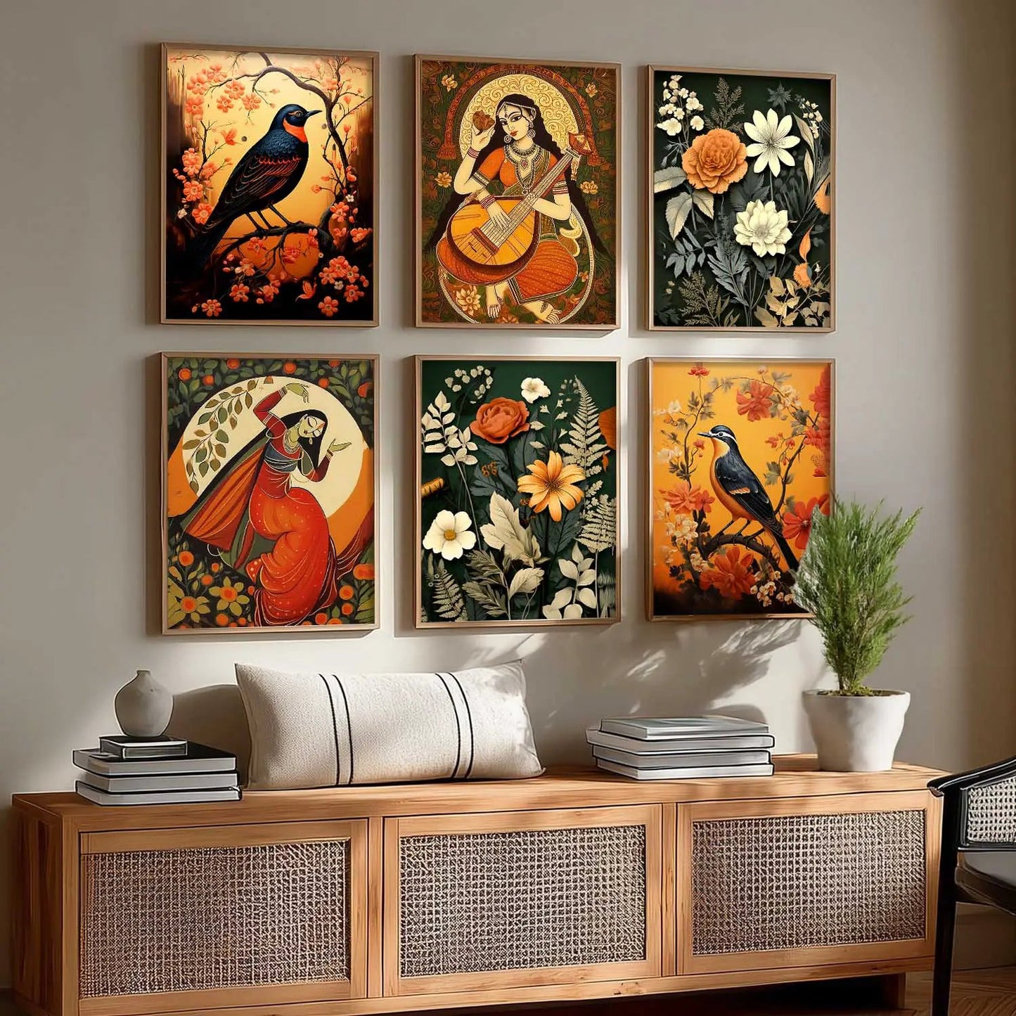 Traditional Indian Inspired Madhubani Art Prints with Frame for Living Room Bedroom Home and Office Wall Decor Set of 6