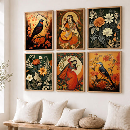 Traditional Indian Inspired Madhubani Art Prints with Frame for Living Room Bedroom Home and Office Wall Decor Set of 6