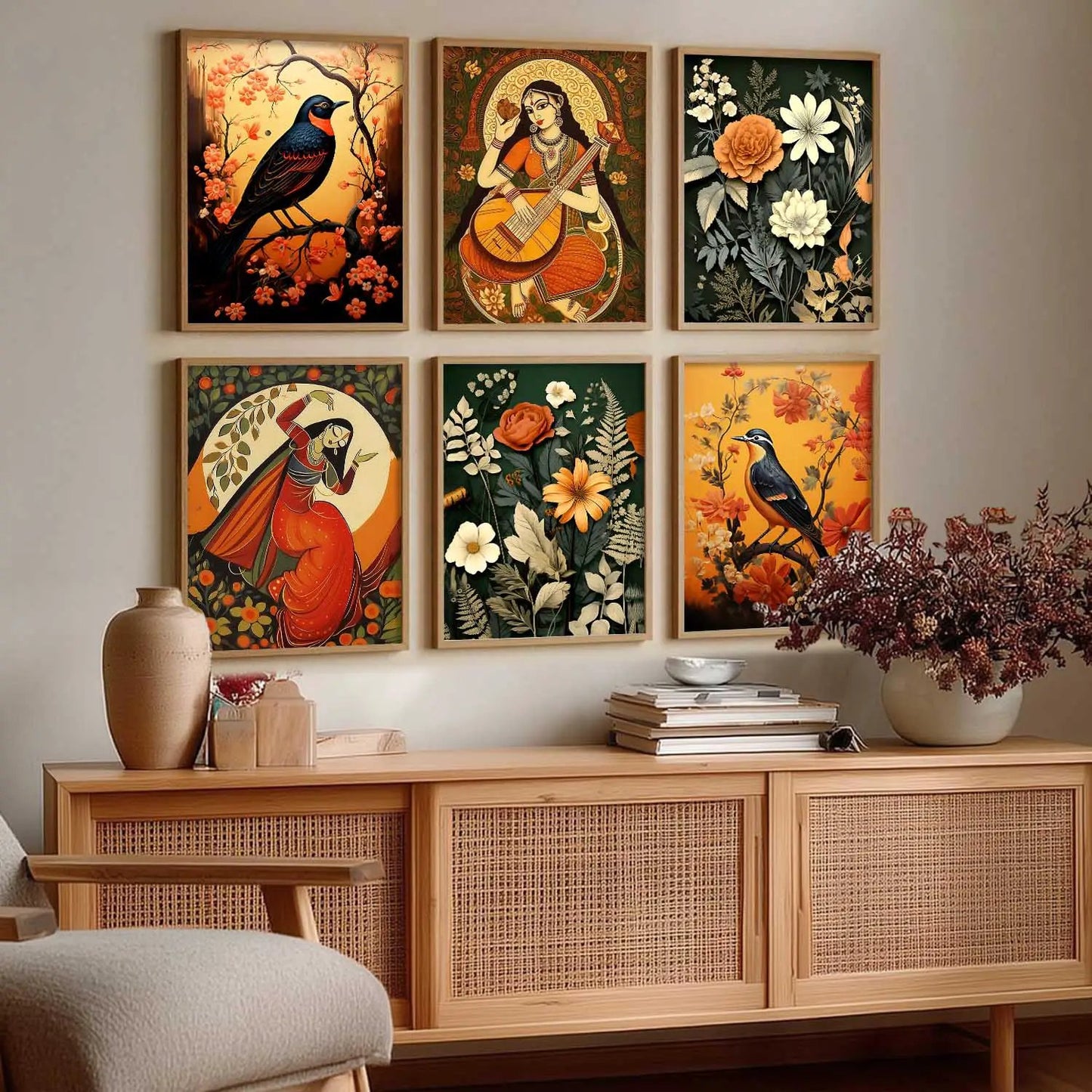Traditional Indian Inspired Madhubani Art Prints with Frame for Living Room Bedroom Home and Office Wall Decor Set of 6