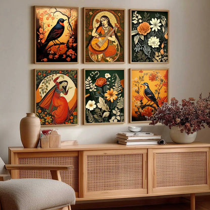 Traditional Indian Inspired Madhubani Art Prints with Frame for Living Room Bedroom Home and Office Wall Decor Set of 6