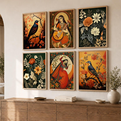Traditional Indian Inspired Madhubani Art Prints with Frame for Living Room Bedroom Home and Office Wall Decor Set of 6
