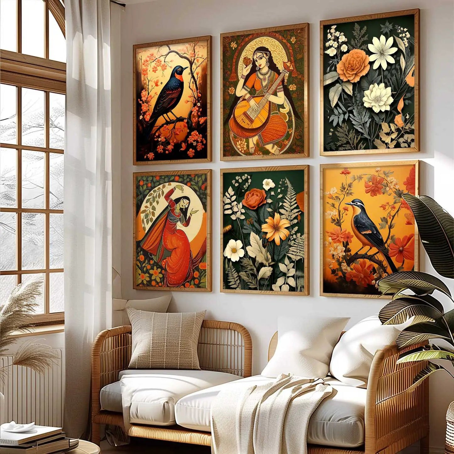 Traditional Indian Inspired Madhubani Art Prints with Frame for Living Room Bedroom Home and Office Wall Decor Set of 6