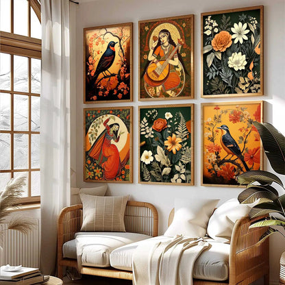 Traditional Indian Inspired Madhubani Art Prints with Frame for Living Room Bedroom Home and Office Wall Decor Set of 6