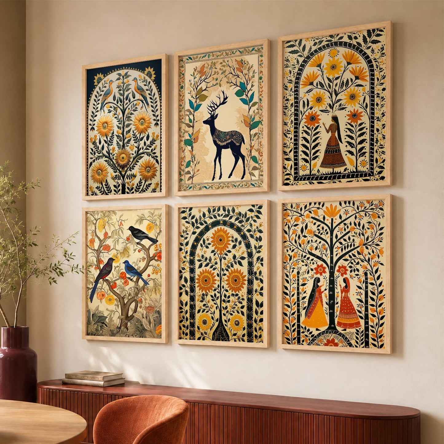Traditional Indian Inspired Madhubani Art Prints with Frame for Living Room Bedroom Home and Office Wall Decor Set of 6