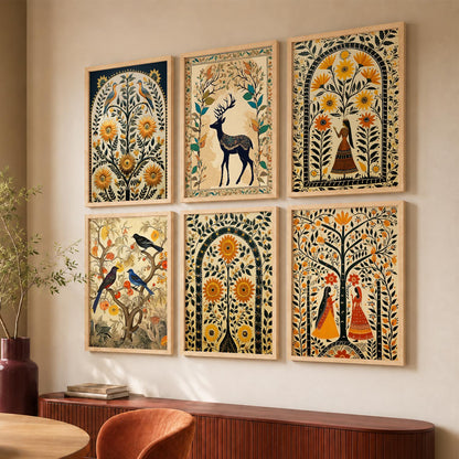 Traditional Indian Inspired Madhubani Art Prints with Frame for Living Room Bedroom Home and Office Wall Decor Set of 6
