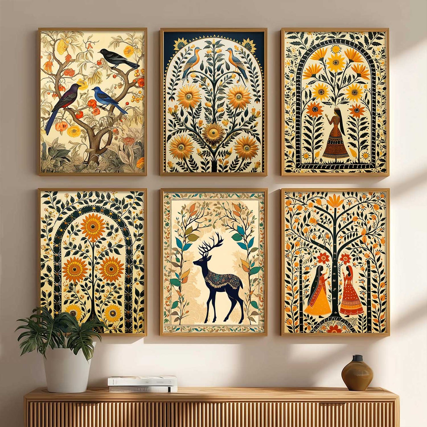 Traditional Indian Inspired Madhubani Art Prints with Frame for Living Room Bedroom Home and Office Wall Decor Set of 6