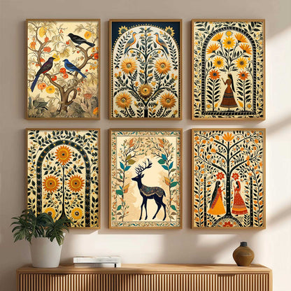 Traditional Indian Inspired Madhubani Art Prints with Frame for Living Room Bedroom Home and Office Wall Decor Set of 6