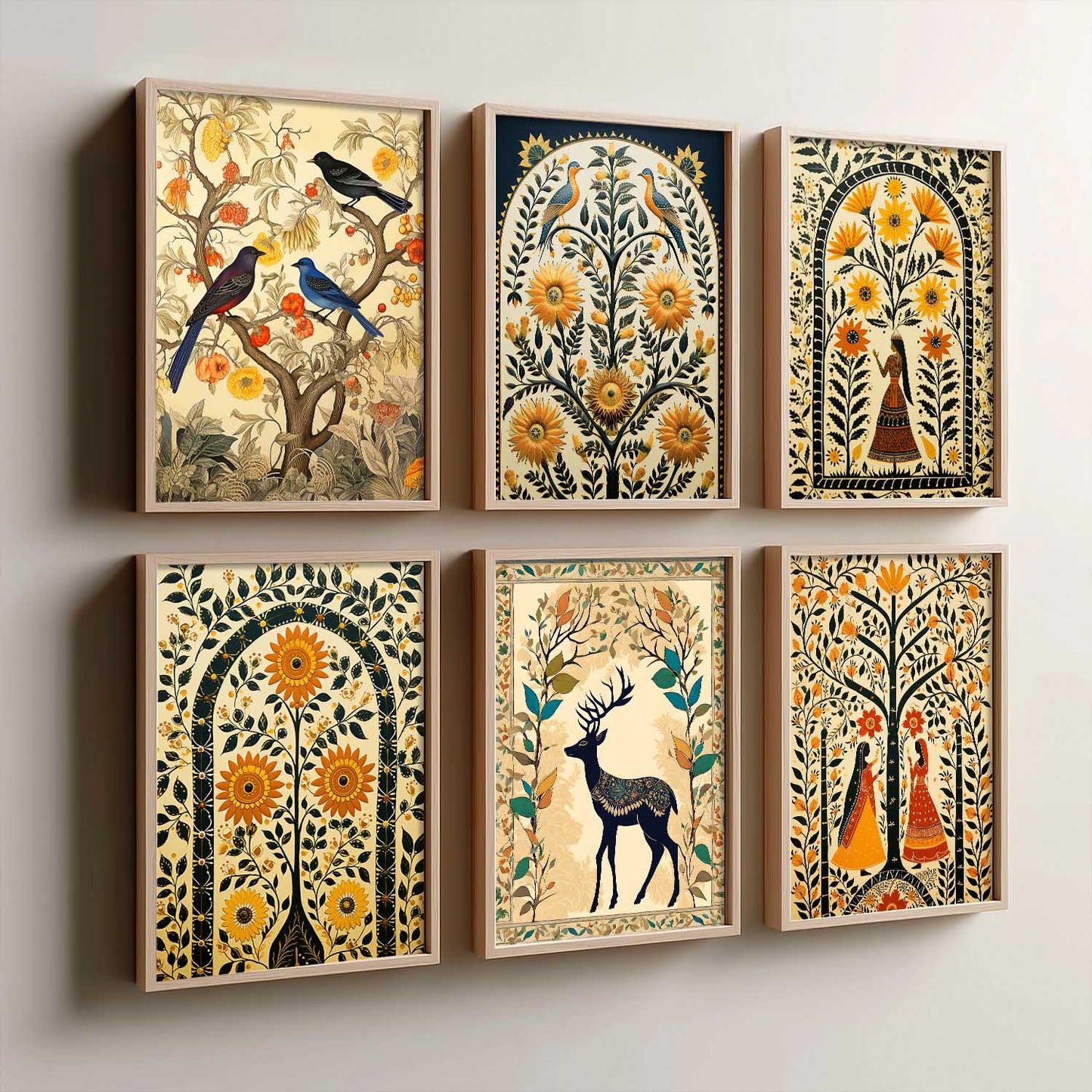 Traditional Indian Inspired Madhubani Art Prints with Frame for Living Room Bedroom Home and Office Wall Decor Set of 6