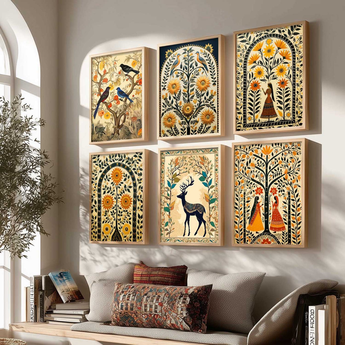 Traditional Indian Inspired Madhubani Art Prints with Frame for Living Room Bedroom Home and Office Wall Decor Set of 6