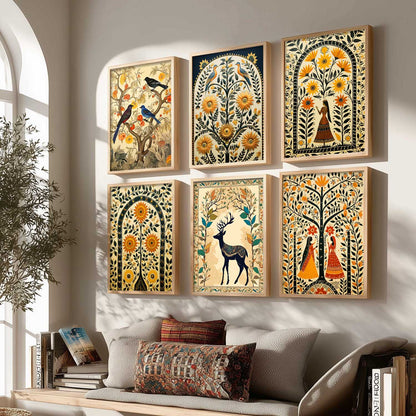 Traditional Indian Inspired Madhubani Art Prints with Frame for Living Room Bedroom Home and Office Wall Decor Set of 6